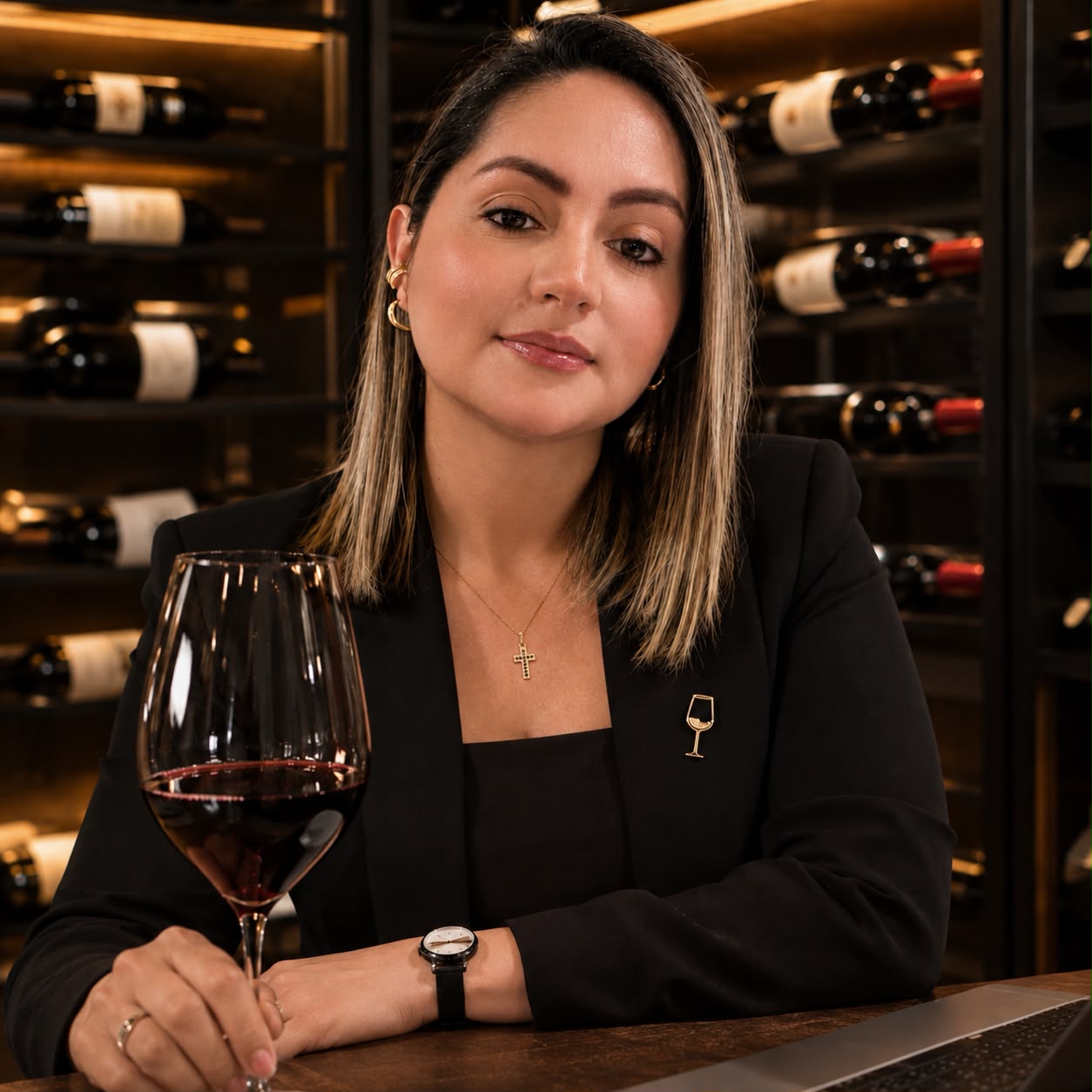 Luisa Fernanda Delgado, sommelier, con una copa de vino tinto frente a una cava